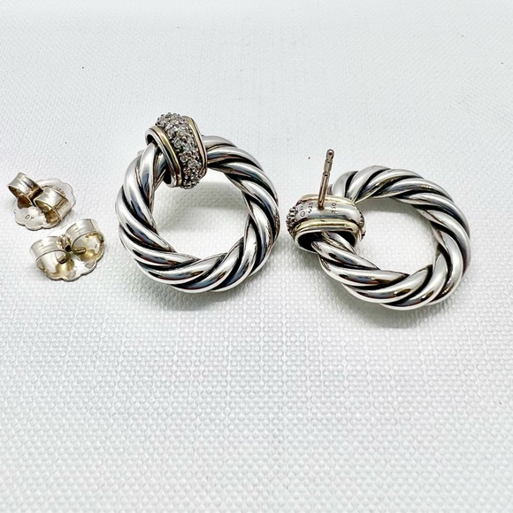 David Yurman Sterling Silver 18k Diamond Cable Door Knocker Earrings - Picture 8 of 12